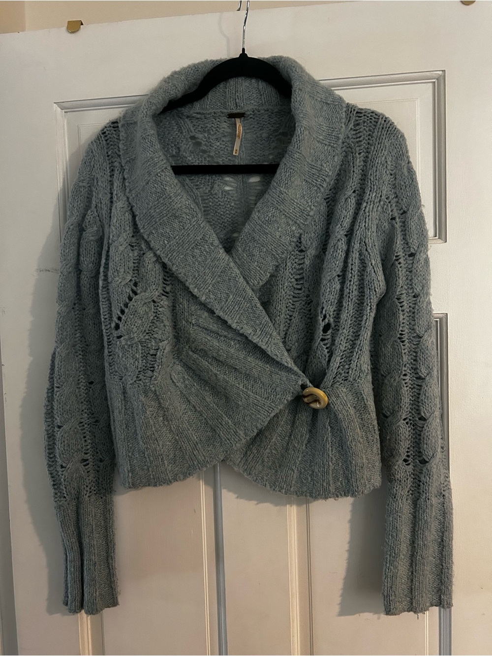 Free People Misty Blue Shawl-Collar Buttoned Knit Cardigan